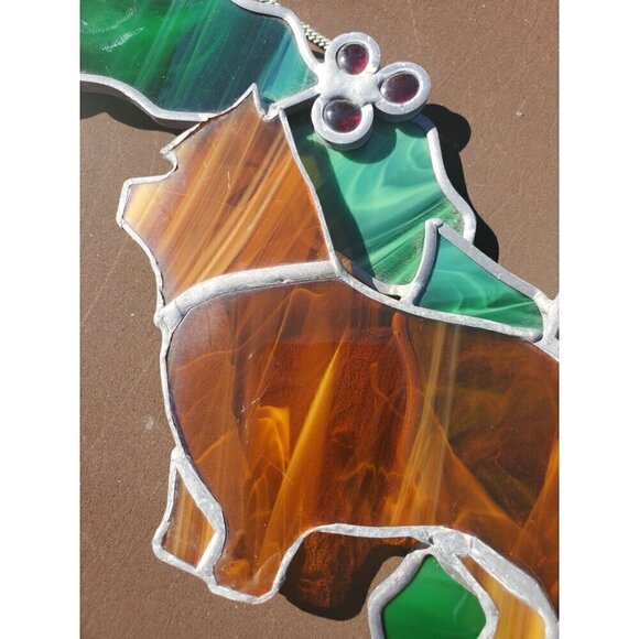 Handmade‎ Vintage Stained Glass Christmas Wreath Dogs Holly Leaves Berries - Picture 5 of 10